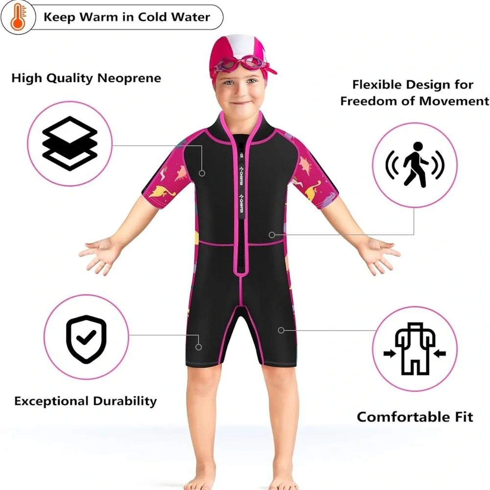 NWOT Kids Shorty Wetsuit 2mm Neoprene Front Zip, Pink Black, Size Small